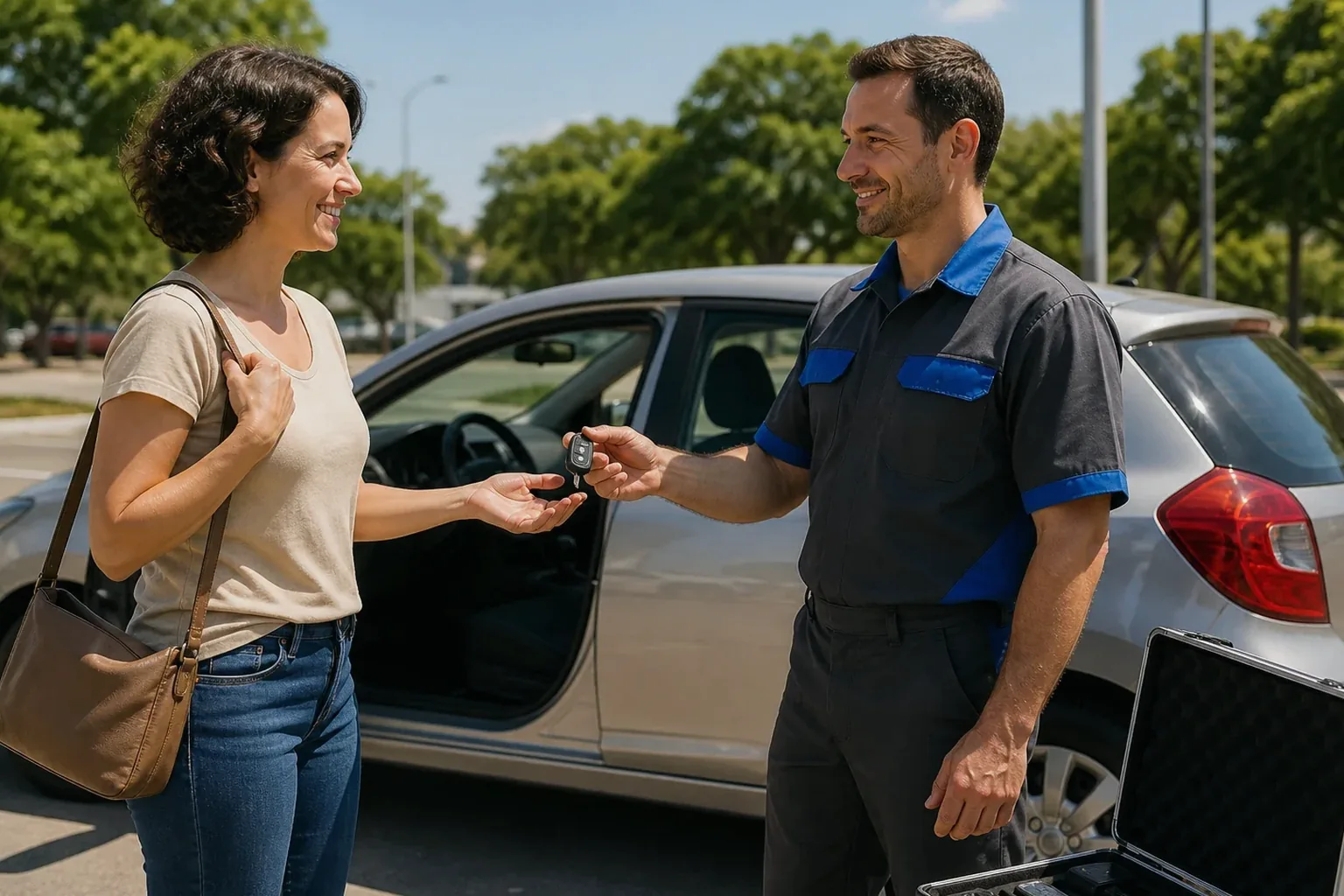 Chaveiro abrindo um carro em Parnaíba com ferramentas especializadas.